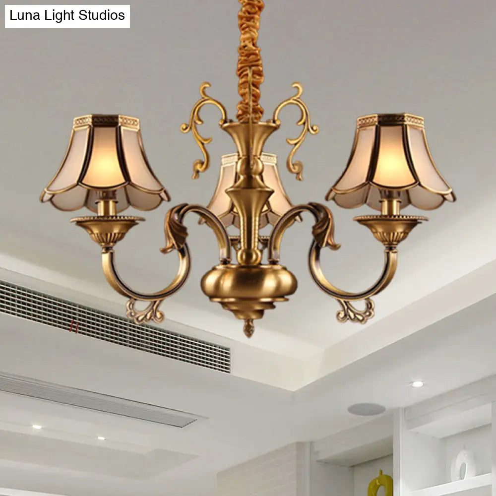 Gold Frosted Glass Pendant Chandelier With Scalloped Design And Colonial Styling - 3/5/6 Bulbs