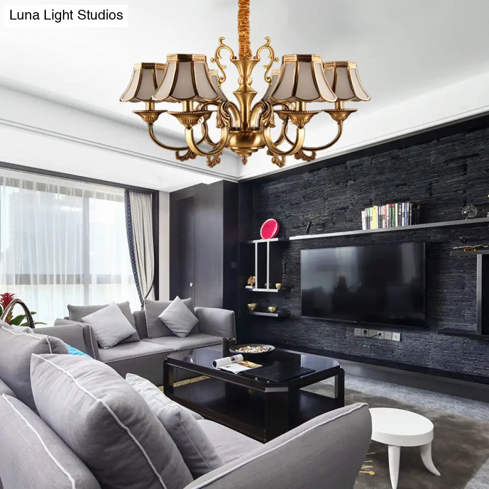Gold Frosted Glass Pendant Chandelier With Scalloped Design And Colonial Styling - 3/5/6 Bulbs