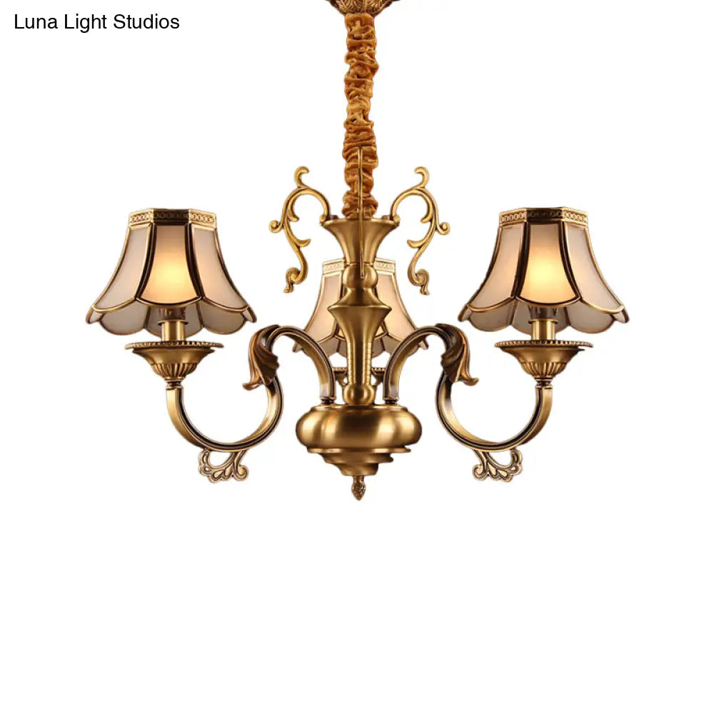Gold Frosted Glass Pendant Chandelier With Scalloped Design And Colonial Styling - 3/5/6 Bulbs