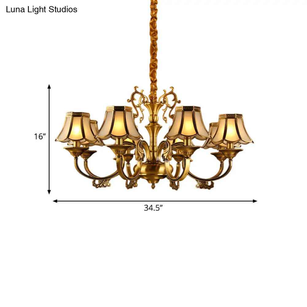 Gold Frosted Glass Pendant Chandelier With Scalloped Design And Colonial Styling - 3/5/6 Bulbs