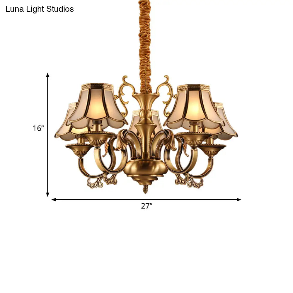 Gold Frosted Glass Pendant Chandelier With Scalloped Design And Colonial Styling - 3/5/6 Bulbs