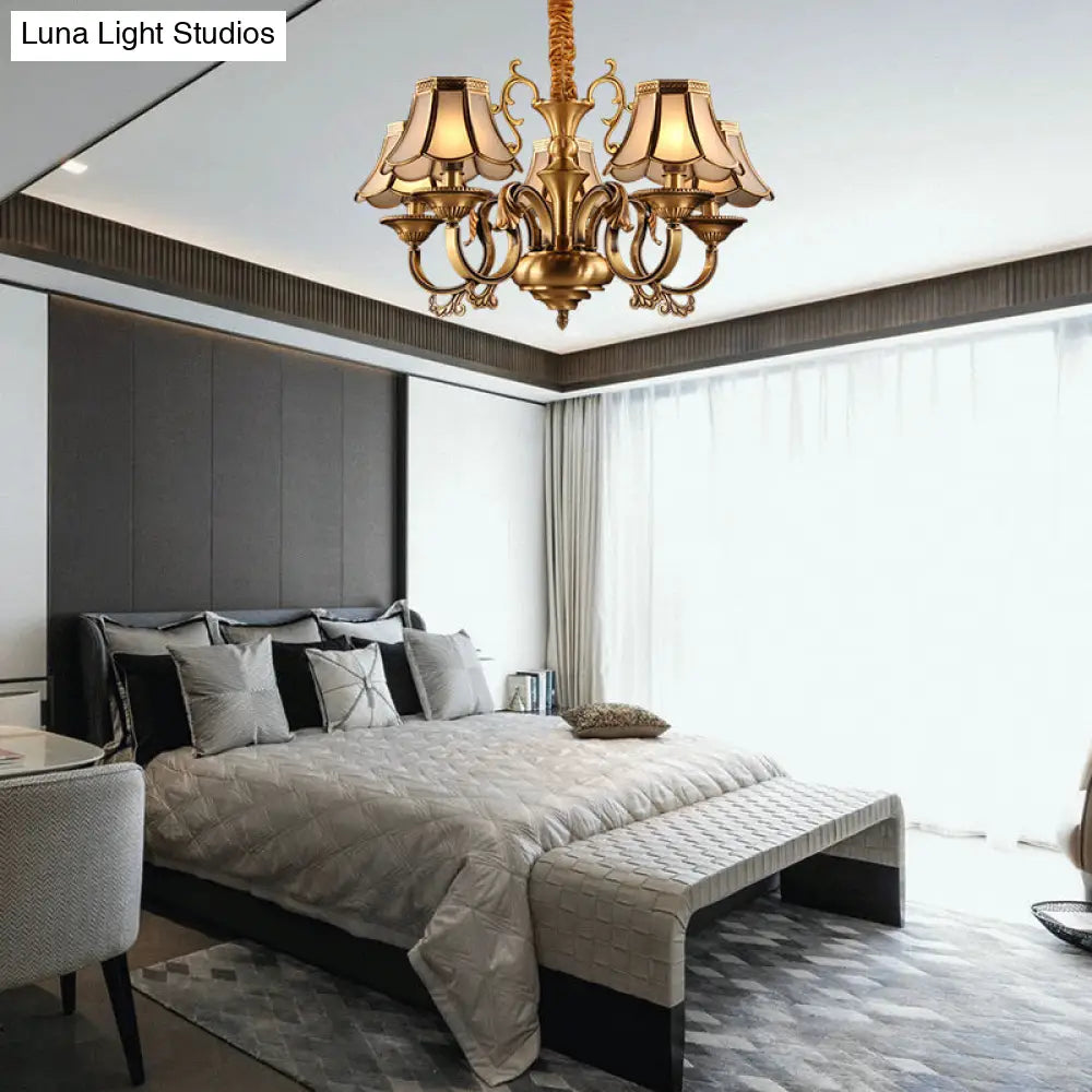Gold Frosted Glass Pendant Chandelier With Scalloped Design And Colonial Styling - 3/5/6 Bulbs