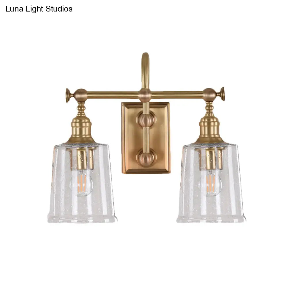 Gold Glass Bucket Vanity Lamp - Colonial 2-Head Bathroom Sconce Light In White/Clear