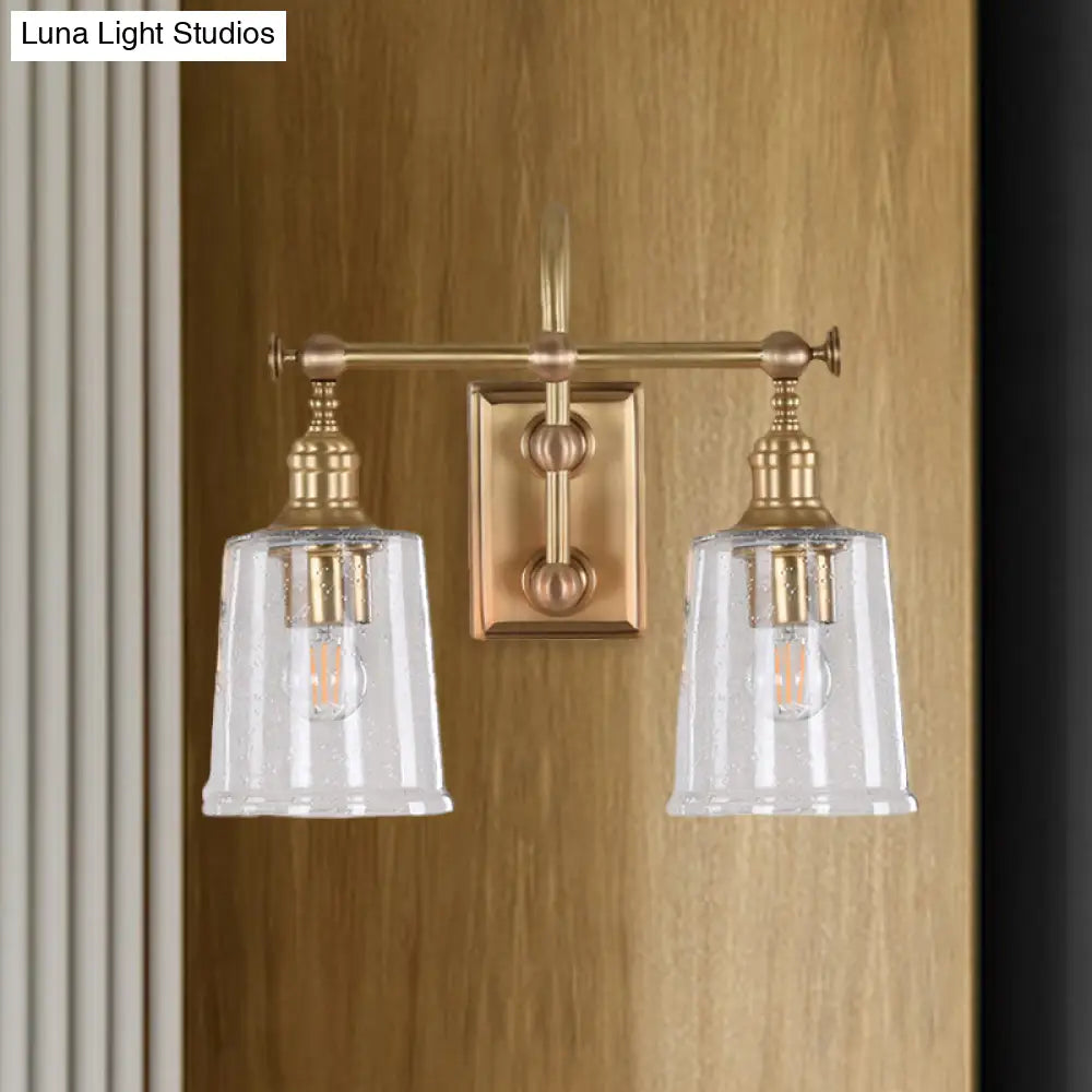 Gold Glass Bucket Vanity Lamp - Colonial 2-Head Bathroom Sconce Light In White/Clear
