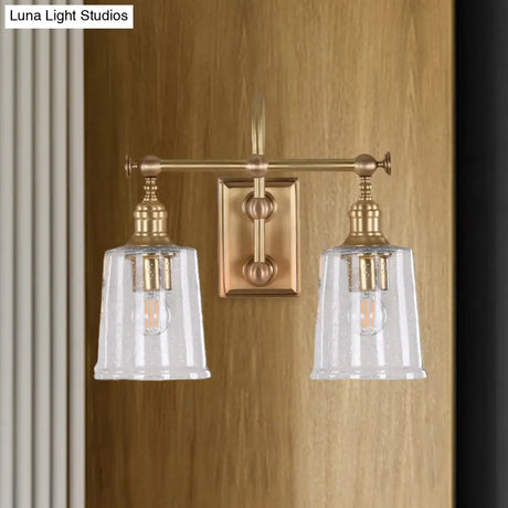 Gold Glass Bucket Vanity Lamp - Colonial 2-Head Bathroom Sconce Light In White/Clear