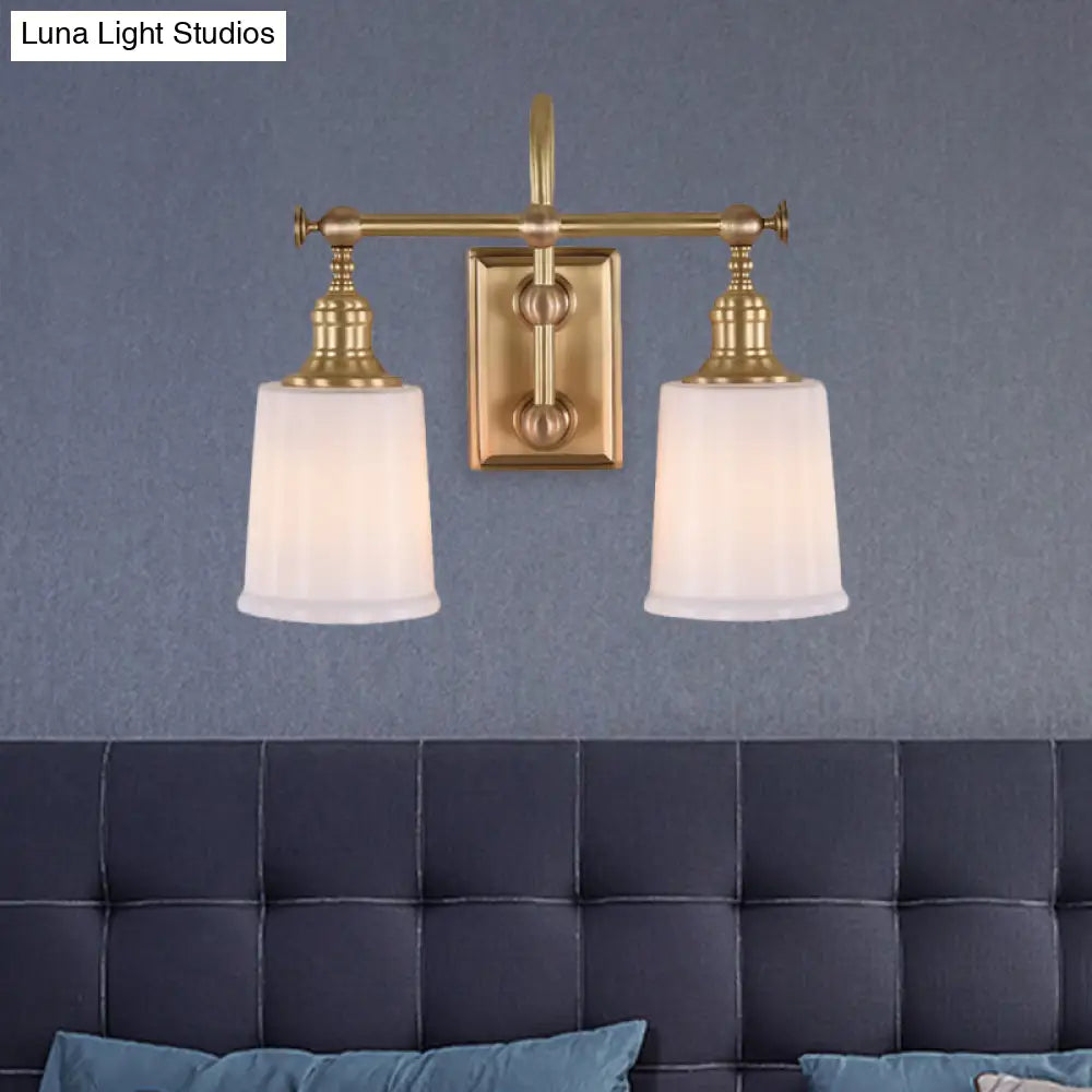 Gold Glass Bucket Vanity Lamp - Colonial 2-Head Bathroom Sconce Light In White/Clear