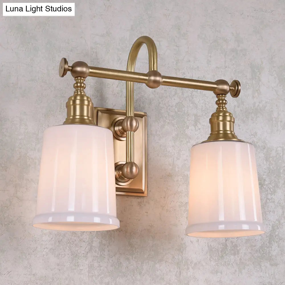 Gold Glass Bucket Vanity Lamp - Colonial 2-Head Bathroom Sconce Light In White/Clear
