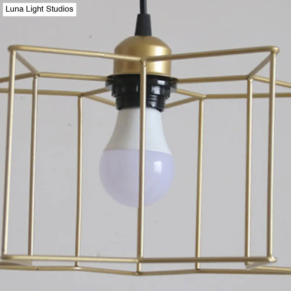 Gold Industrial Star Pendant Light With Cage Shade - 3 Lights For Hallway