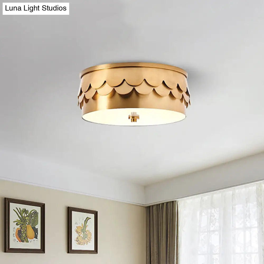 Gold Iron Drum Ceiling Light With Led And Ruffled Edge For Bedroom Mounting