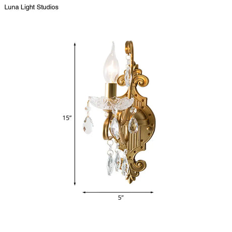 Gold Iron Wall Sconce With Crystal Drape - Antique 1/2-Light Candlestick Lamp