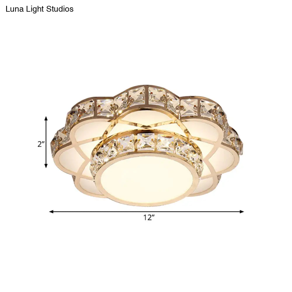 Gold Led Crystal Block Flower Ceiling Mounted Light - 10’/12’ Wide Modern Flush Mount Lamp