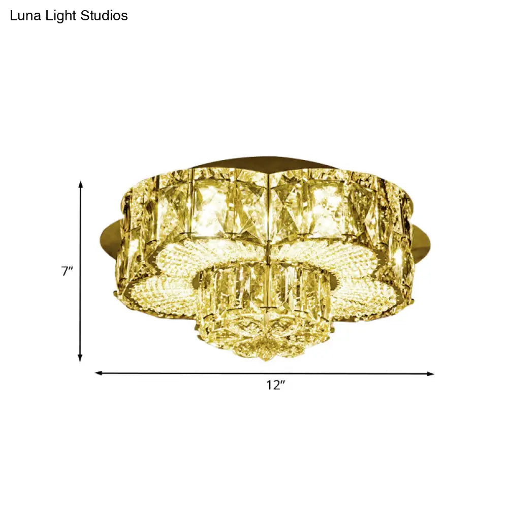 Gold Led Crystal Flower Flushmount Light - Minimalistic 2 - Tier Ceiling Fixture