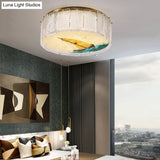 Gold Led Crystal Flush Ceiling Light: Hand - Painted Drum Design Modern Bedroom Fixture