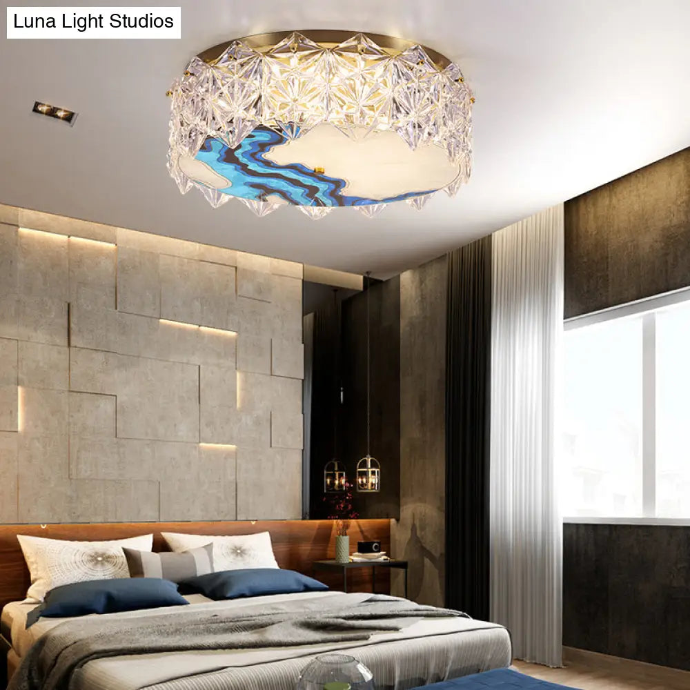 Gold Led Crystal Flush Ceiling Light: Hand - Painted Drum Design Modern Bedroom Fixture