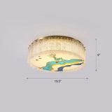 Gold Led Crystal Flush Ceiling Light: Hand - Painted Drum Design Modern Bedroom Fixture / Deer