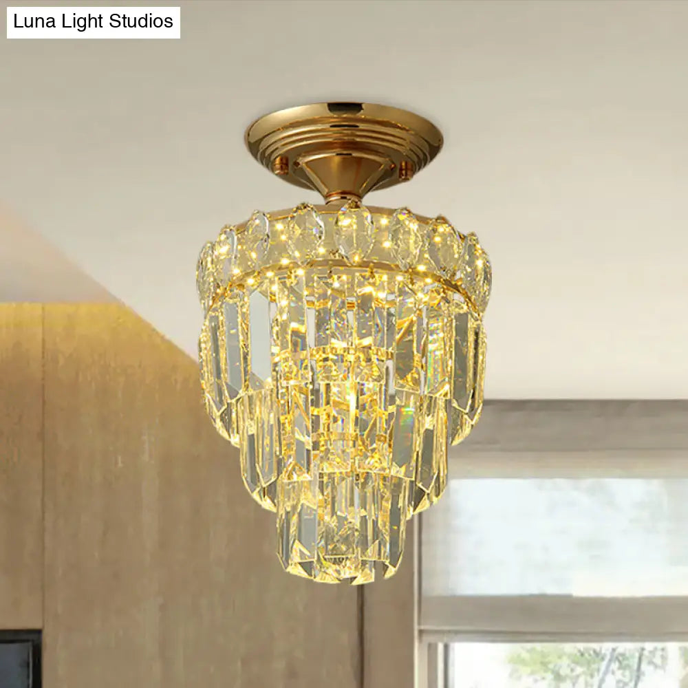 Gold Led Crystal Foyer Ceiling Lamp - Tapered Shape Postmodern Design Semi-Flush Mount