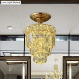 Gold Led Crystal Foyer Ceiling Lamp - Tapered Shape Postmodern Design Semi-Flush Mount