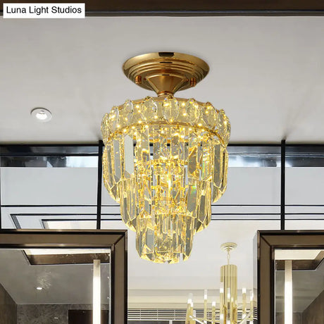 Gold Led Crystal Foyer Ceiling Lamp - Tapered Shape Postmodern Design Semi-Flush Mount