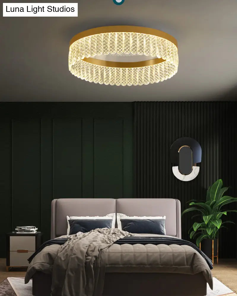 Gold Led Crystal Ring Flush-Mount Fixture For Bedroom