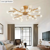 Gold Led Semi - Flush Ceiling Light With Crystal Flower Design And 18/24 Bulbs
