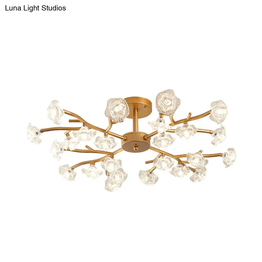 Gold Led Semi - Flush Ceiling Light With Crystal Flower Design And 18/24 Bulbs