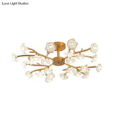 Gold Led Semi - Flush Ceiling Light With Crystal Flower Design And 18/24 Bulbs