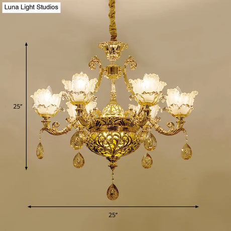 Gold Luxury Flower Chandelier With Amber Glass And Crystal Draping - 6/8 Bulbs Ceiling Light