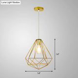 Gold Metal Cage Pendant Ceiling Light - Nordic Design 1 Bulb Dining Room Suspension