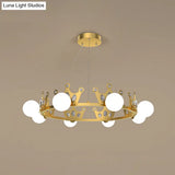 Gold Metal Crown Chandelier Lamp For Kids - 5/8 Lights Hanging Pendant With Frosted Glass Ball Shade