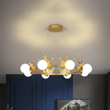 Gold Metal Crown Chandelier Lamp For Kids - 5/8 Lights Hanging Pendant With Frosted Glass Ball Shade