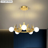 Gold Metal Crown Chandelier Lamp For Kids - 5/8 Lights Hanging Pendant With Frosted Glass Ball Shade