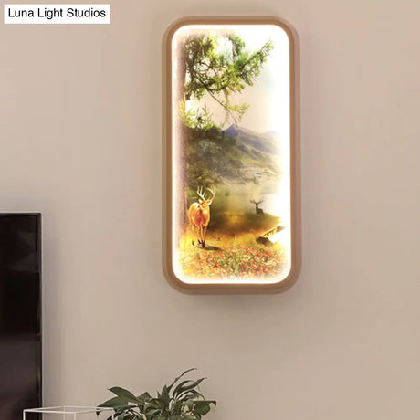 Gold Metal Led Wall Mount Lamp: Minimalist Rectangle With Forest And Deer Pattern