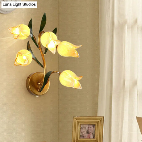 Gold Metal Led Wall Sconce Light With 5 Heads - Countryside Flower Mount Lamp For Living Room