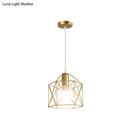 Gold Metal Pendant Light With Globe/Hexagon Cage Shade For Dining Room