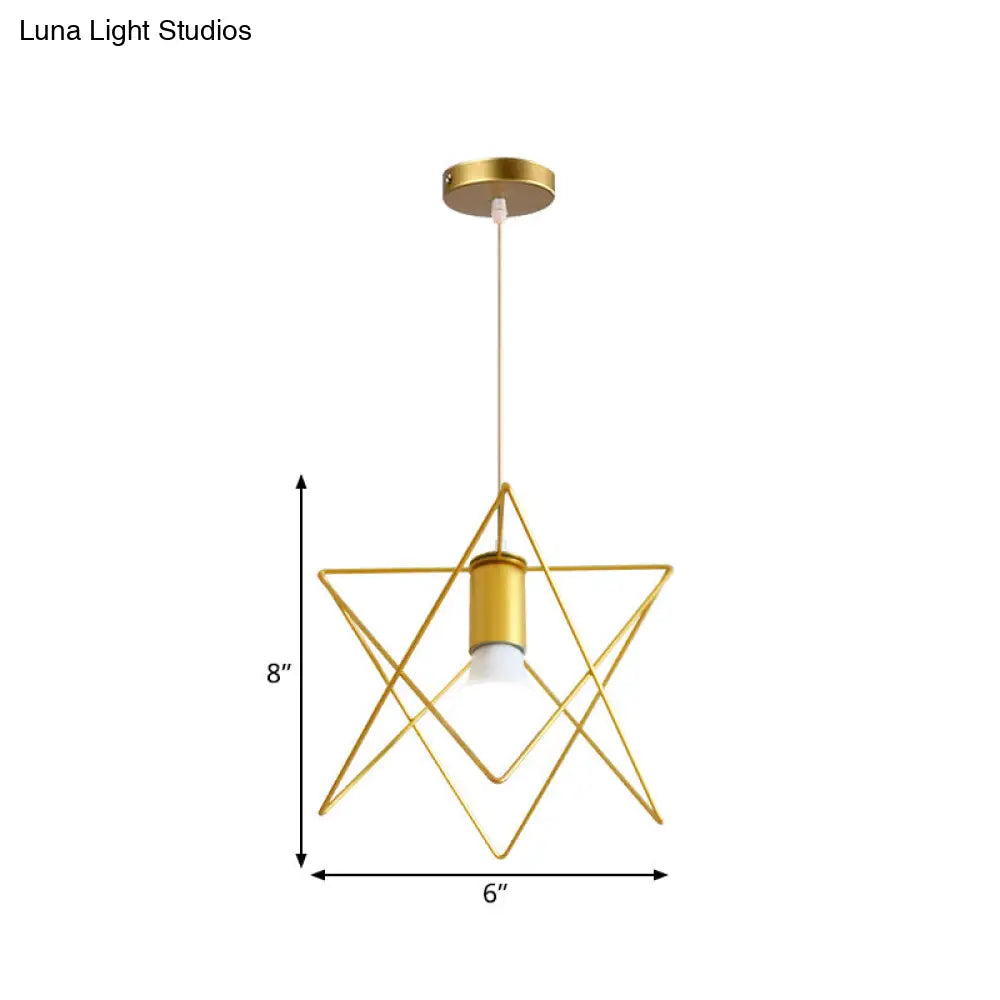 Gold Metal Pendant Light With Globe/Hexagon Cage Shade For Dining Room