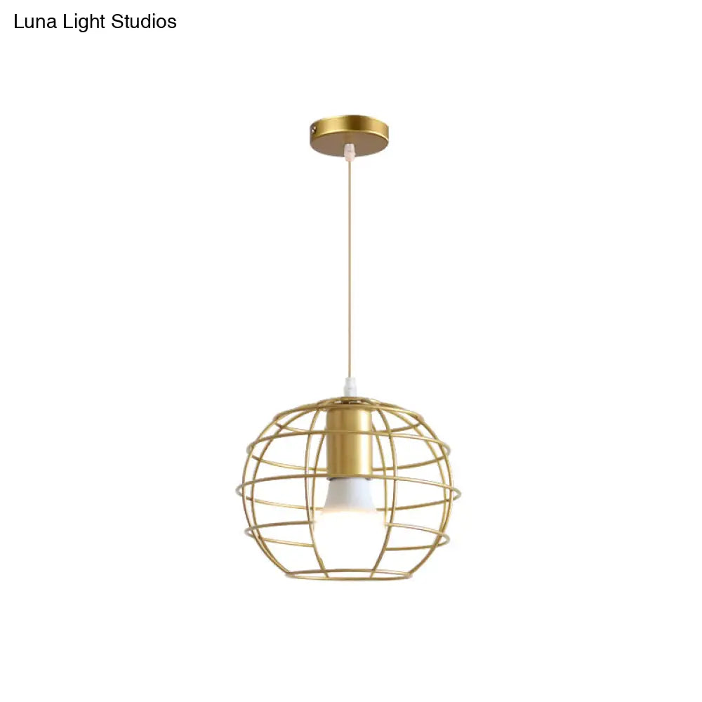 Gold Metal Pendant Light With Globe/Hexagon Cage Shade For Dining Room