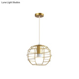 Gold Metal Pendant Light With Globe/Hexagon Cage Shade For Dining Room
