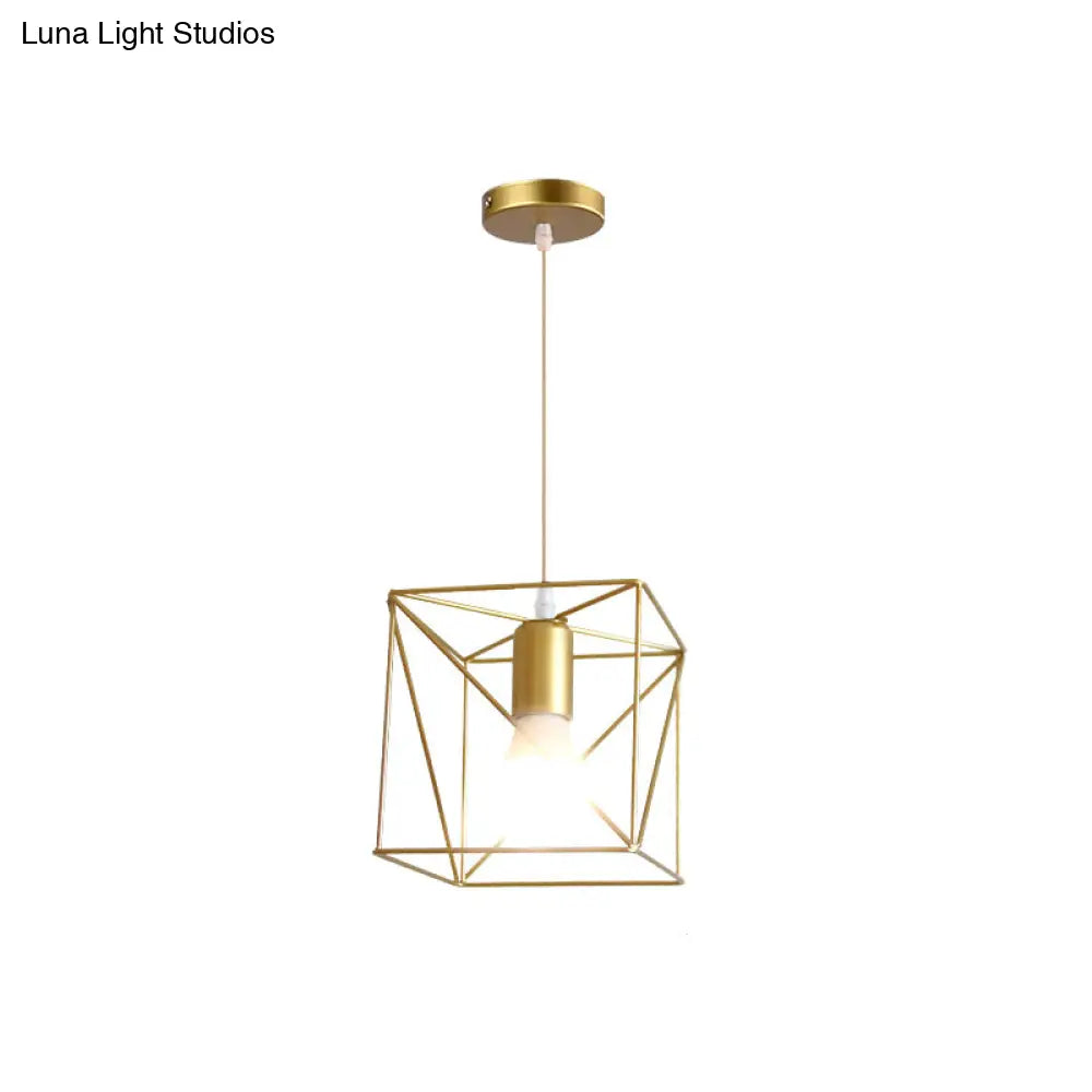 Gold Metal Pendant Light With Globe/Hexagon Cage Shade For Dining Room