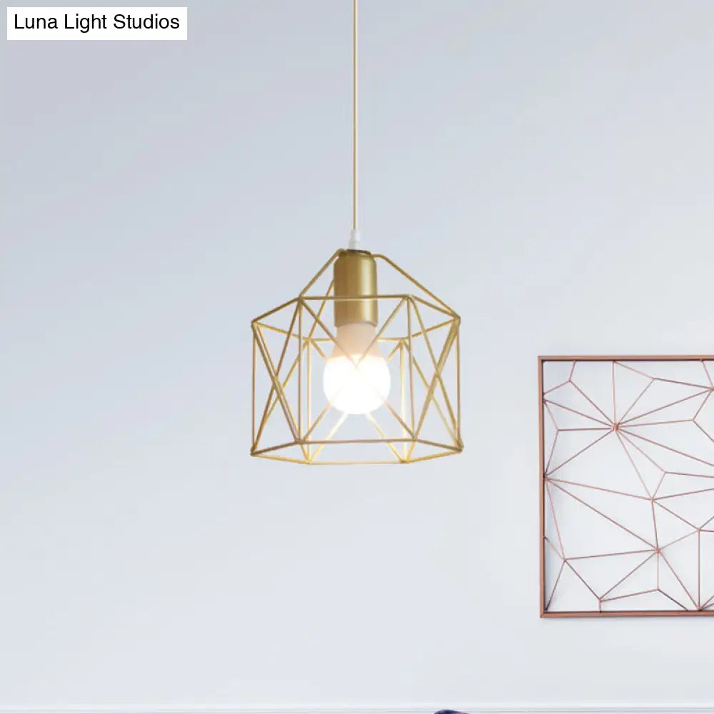 Gold Metal Pendant Light With Globe/Hexagon Cage Shade For Dining Room