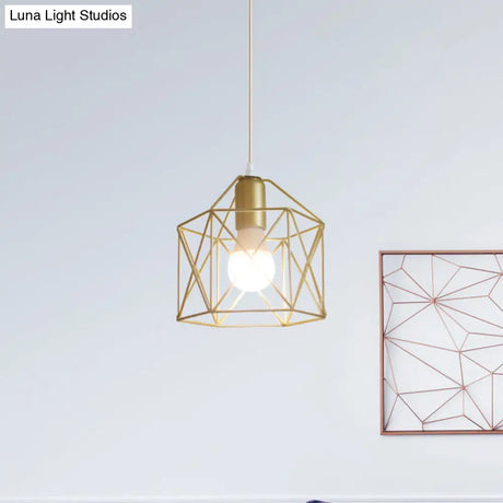 Gold Metal Pendant Light With Globe/Hexagon Cage Shade For Dining Room