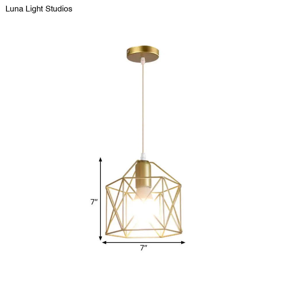 Gold Metal Pendant Light With Globe/Hexagon Cage Shade For Dining Room