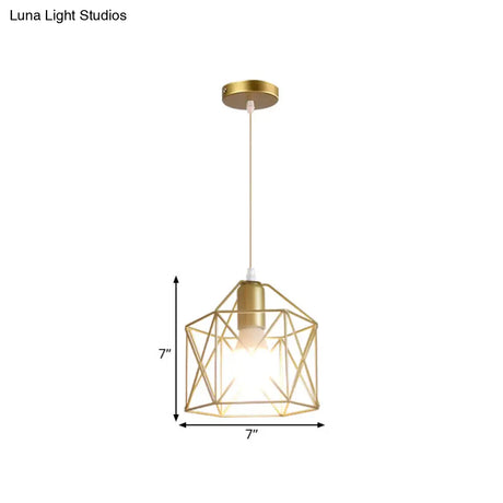 Gold Metal Pendant Light With Globe/Hexagon Cage Shade For Dining Room