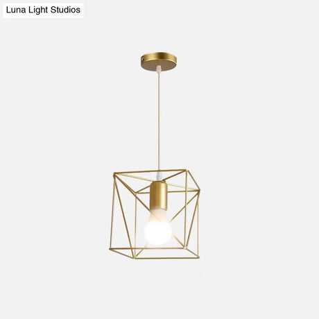 Gold Metal Pendant Light With Globe/Hexagon Cage Shade For Dining Room