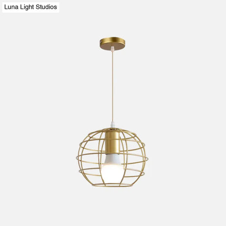 Gold Metal Pendant Light With Globe/Hexagon Cage Shade For Dining Room