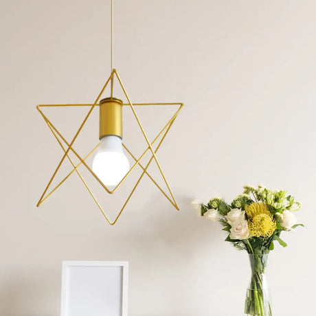 Gold Metal Pendant Light With Globe/Hexagon Cage Shade For Dining Room / Star