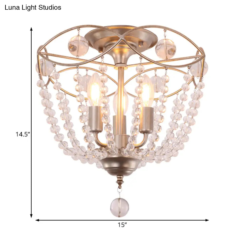 Gold Metal Semi Flush Ceiling Light With Crystal Strand - Traditional Hallway Lighting 3 Bulbs