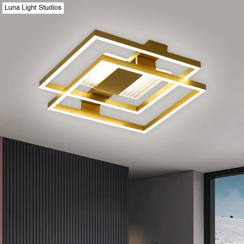 Gold Metal Square Ceiling Flush Led Mount Lamp Fixture With 3 Color Light Options