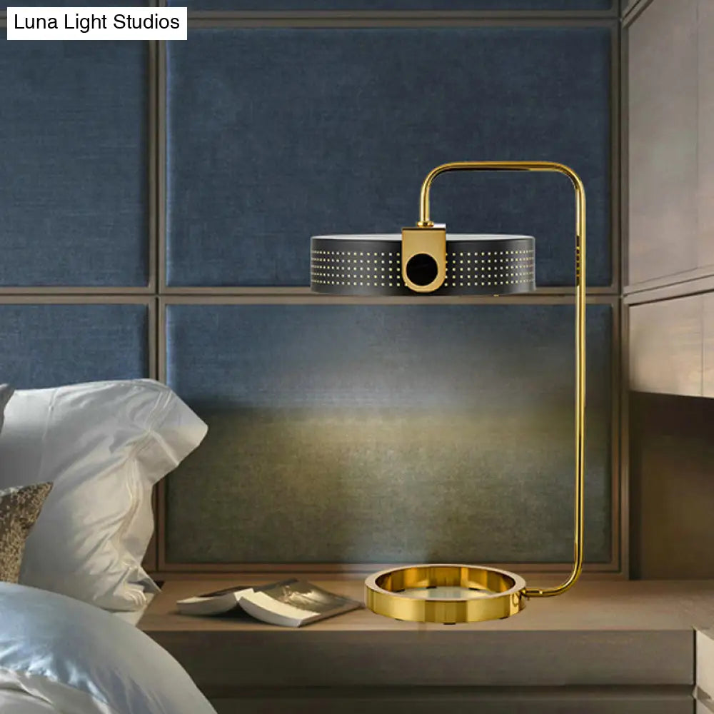 Gold Metallic Desk Lamp: Round Modern 1-Bulb Table Light With Hollow Out Design
