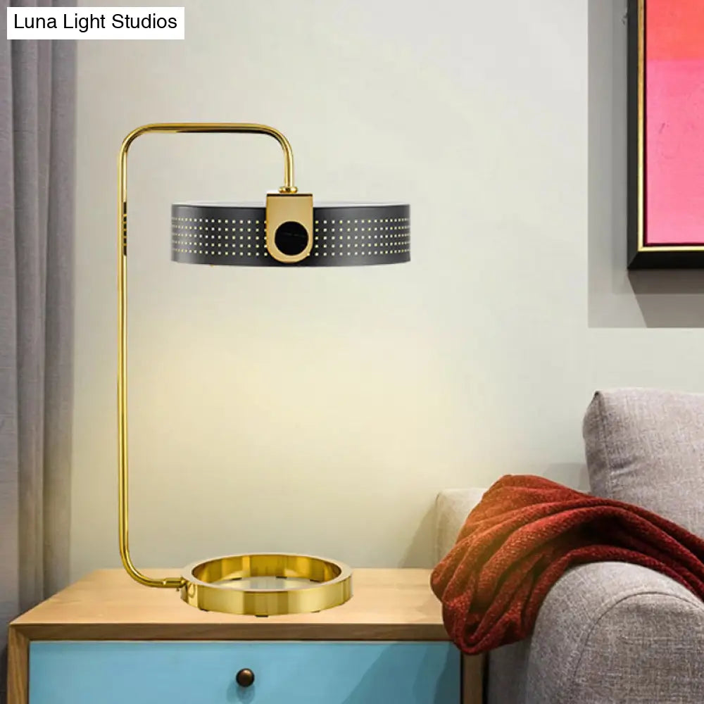 Gold Metallic Desk Lamp: Round Modern 1-Bulb Table Light With Hollow Out Design