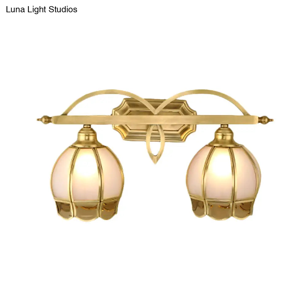 Gold Milk Glass Wall Sconce With Flower Accent 2-Light Vanity Fixture For Luxurious Bathroom